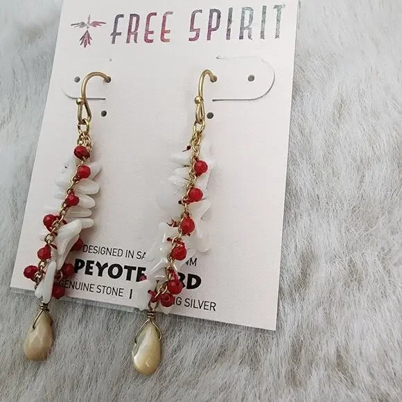 NEW Peyote Bird Free Spirit Gold Chain Red Spiral Earrings with Shell Accents - Picture 6 of 8